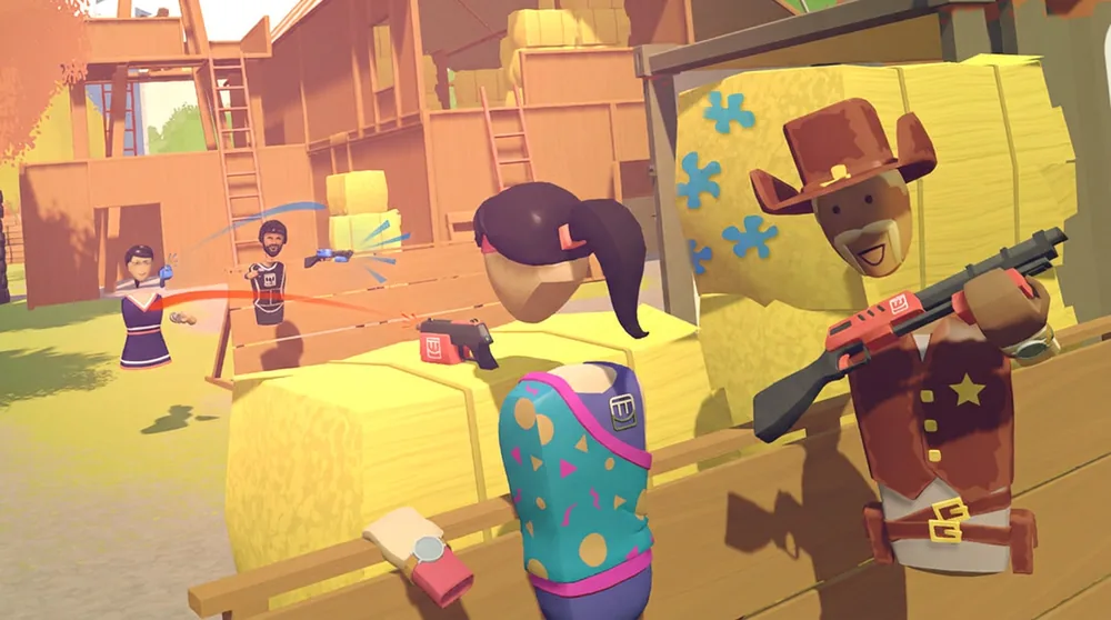 Avatars in a paintball battle among hay bales on a farm map