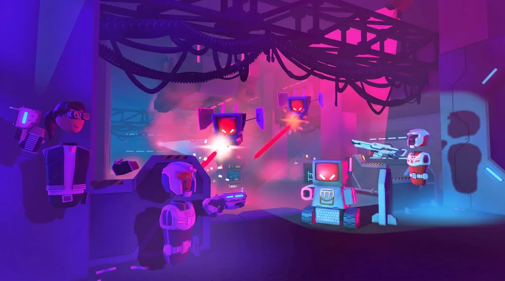 RecBase team in white armor fighting neon-lit robots in a hangar