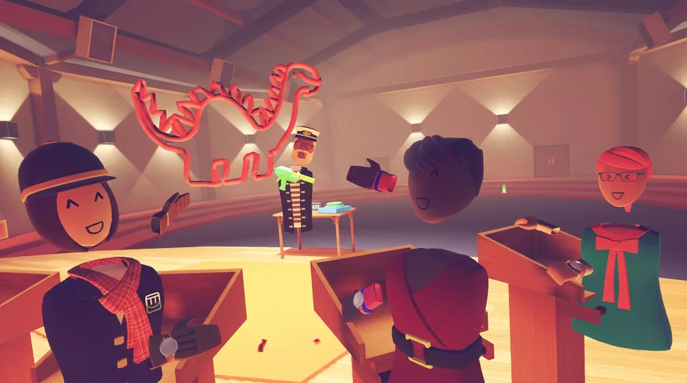 RecBase avatars at game-show podiums with a glowing red dinosaur drawing
