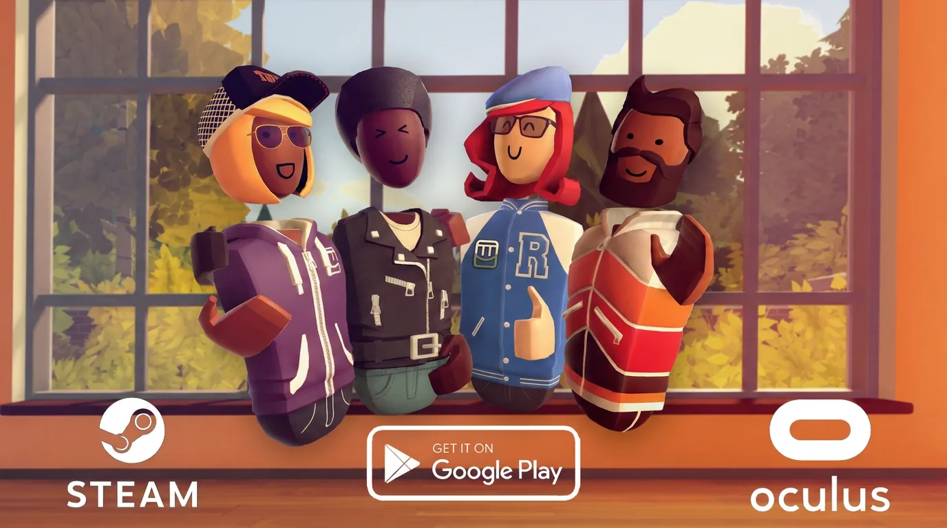 Four RecBase avatars posing together above Steam, Google Play and Oculus logos